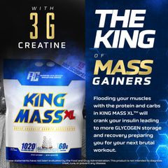 Open King Mass XL tub with powder dust around for rich mass gain fueling