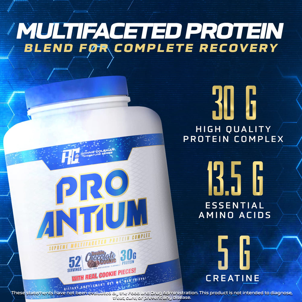Ronnie Coleman Pro-Antium whey being poured into a glass for a post workout shake.