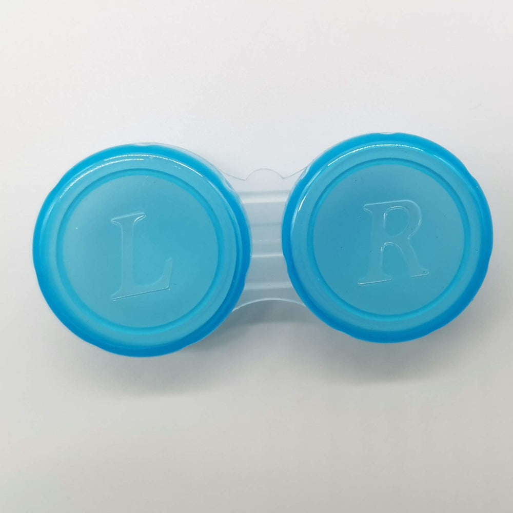 Travel-friendly lens case with color-coded tops to distinguish left and right lenses