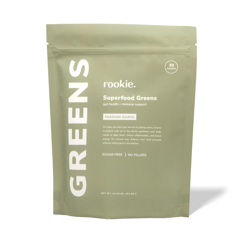Rookie Wellness Greens + Superfoods jar label with Passion Guava flavor