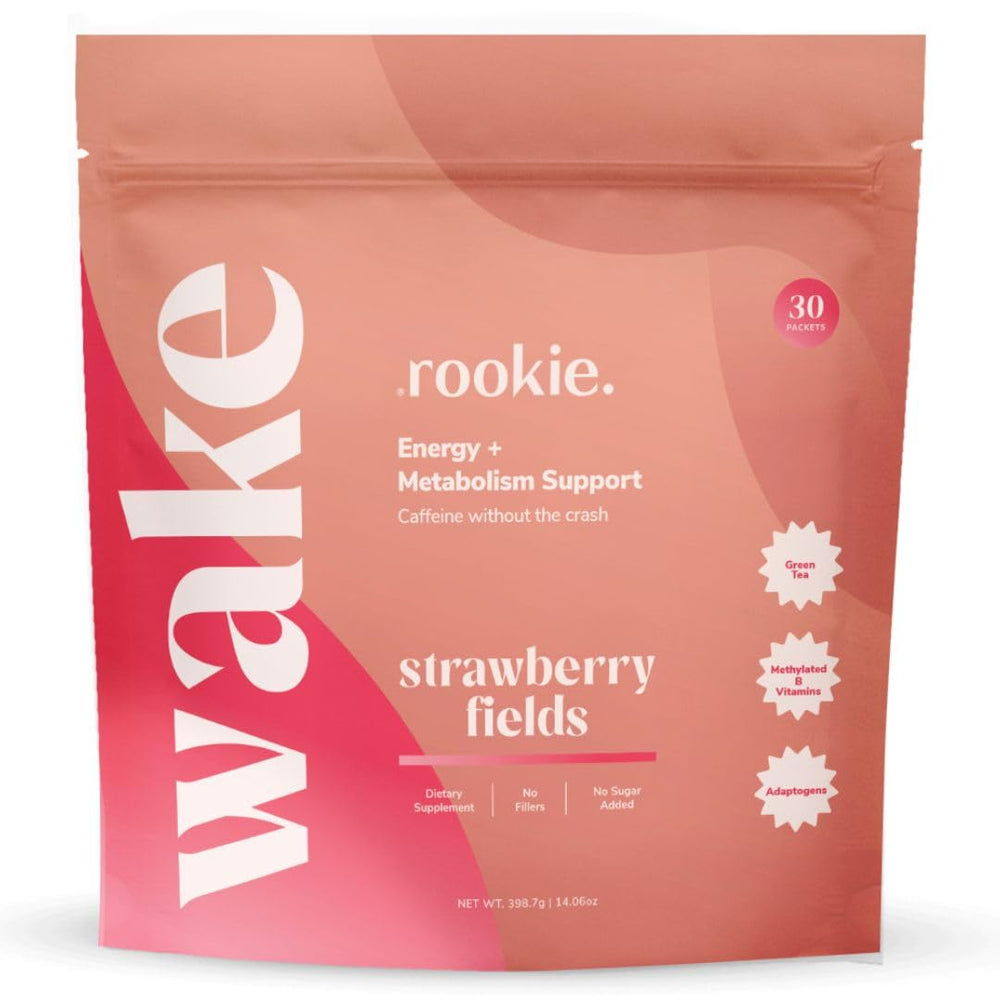 Rookie Wellness Wake Strawberry Fields powder pouch with scoop