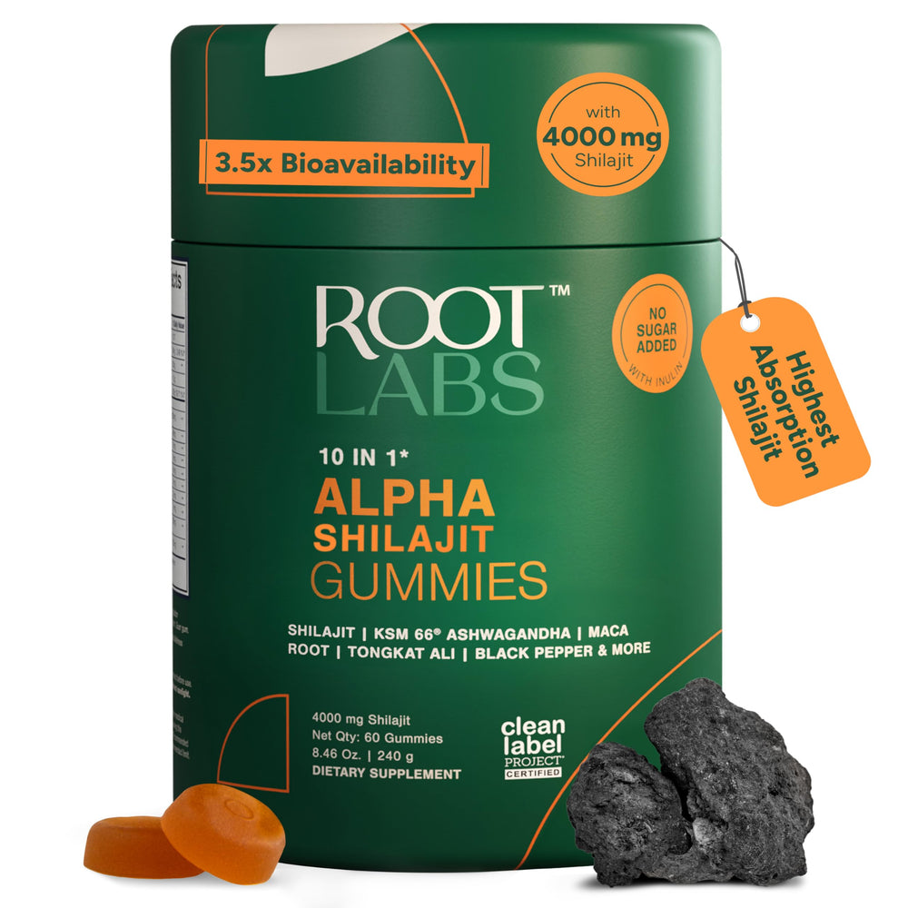 ROOT LABS 10-in-1 Alpha Shilajit Gummies bottle label showing 4000 mg per serving