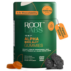 ROOT LABS 10-in-1 Alpha Shilajit Gummies bottle label showing 4000 mg per serving