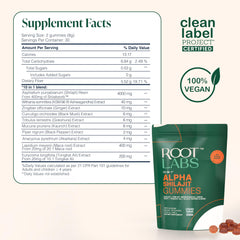 Root Labs Alpha Shilajit Gummies vegan and sugar-free claim on packaging.