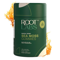 Product packshot of ROOT LABS Sea Moss Gummies bottle with 60 gummies
