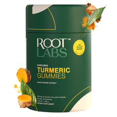 Bottle of ROOT LABS Turmeric Gummies showing 60 gummies