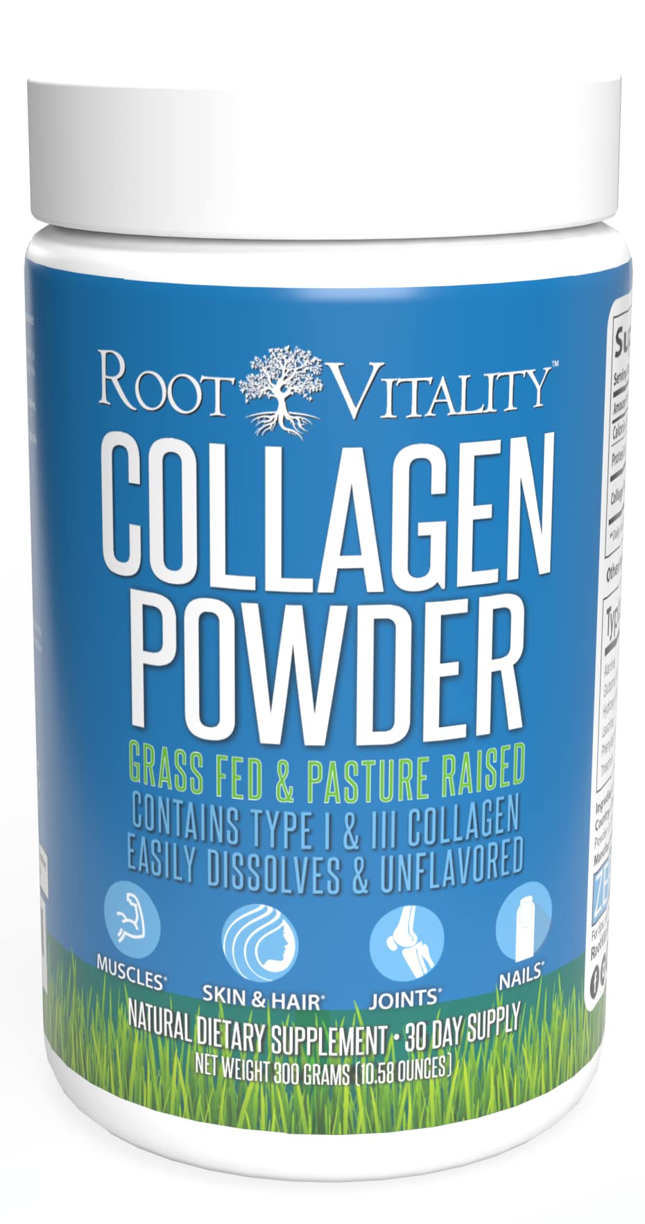 Root Vitality Collagen Peptides Powder tub with grass-fed label
