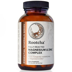 Rootcha Magnesium & Zinc Complex bottle front with 120 capsules