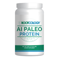 Rootcology AI Paleo Protein bottle shows unflavored powder for versatile recipes.