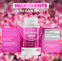 Close-up of beet root capsules showing 1300mg per serving