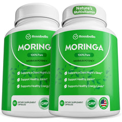 Rosabella Moringa capsules bottle on white surface ready for daily energy support.