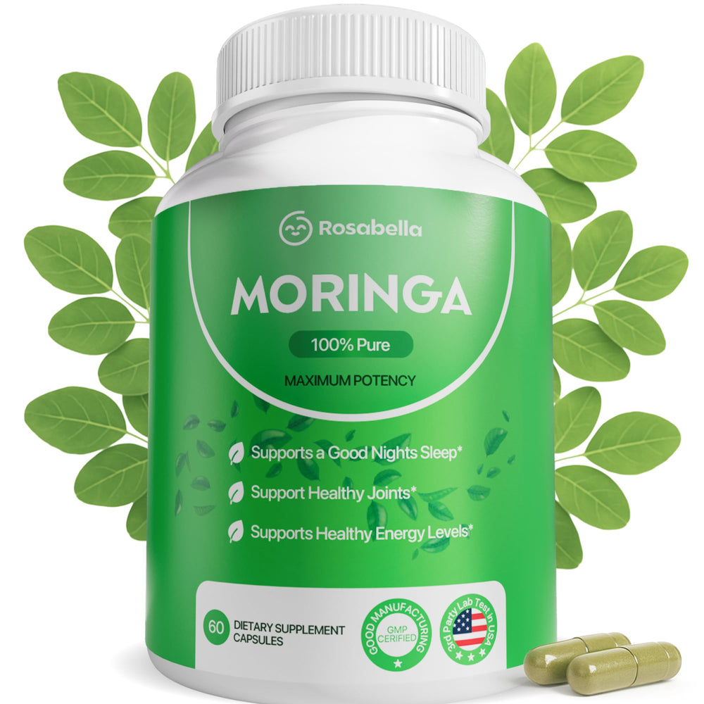 Rosabella Moringa Capsules bottle pour for steady daily energy and wellness.