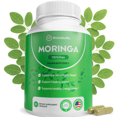 Rosabella Moringa Capsules bottle pour for steady daily energy and wellness.