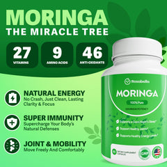 Rosabella Moringa capsules closeup showing vegan supplement for vitality