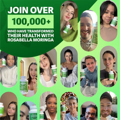 Rosabella Moringa Capsules green packaging highlighting natural superfood benefits.