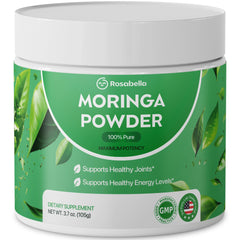 Rosabella Moringa powder in a glass jar labeled 105 g