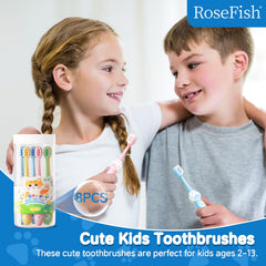 RoseFish 8 pack kids toothbrushes pack shot showing all brushes