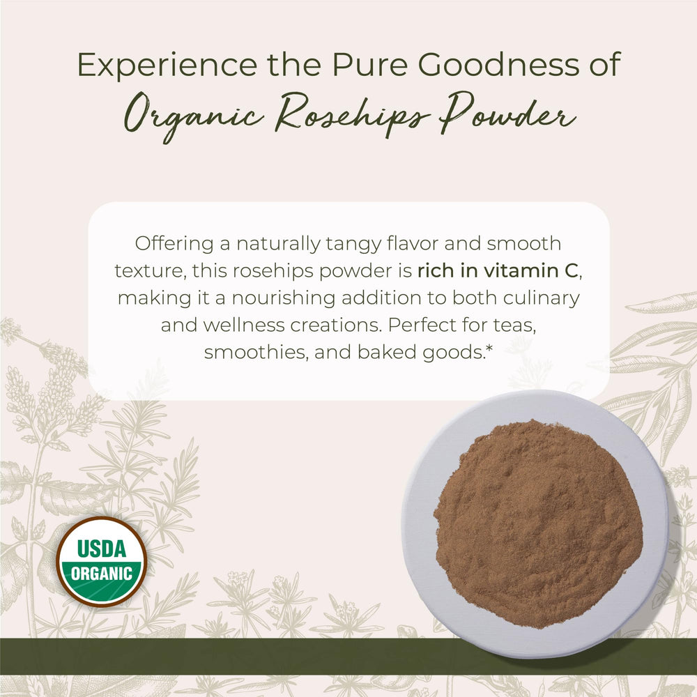 Close-up of finely ground organic rosehips powder