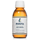Bottle of Rosita Extra Virgin Cod Liver Oil Liquid on a white background