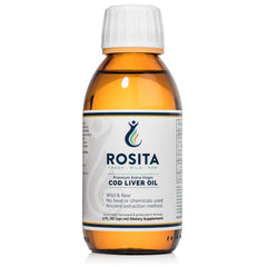 Bottle of Rosita Extra Virgin Cod Liver Oil Liquid on a white background