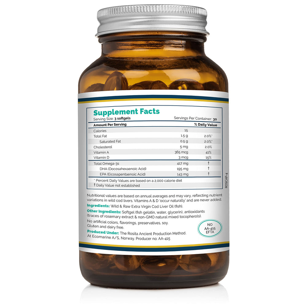 Close-up of Rosita cod liver oil softgels