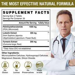 Close-up of PEA 1500 mg, Luteolin 98%, and Turmeric ingredients