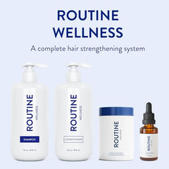 Graphic showing Routine Wellness hair care system (shampoo, conditioner, serum)