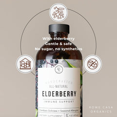Close-up of Rowe Casa Elderberry Syrup bottle and label