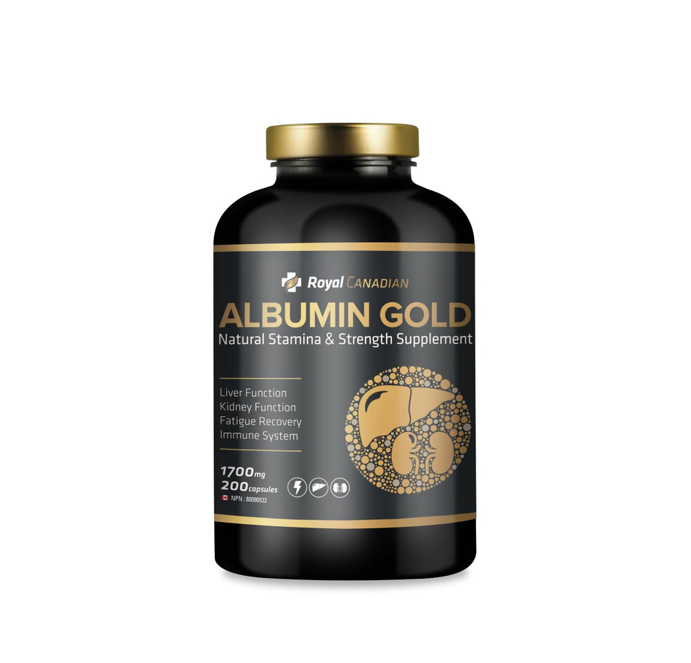 Front view of Royal Canadian Albumin Gold 1700mg bottle