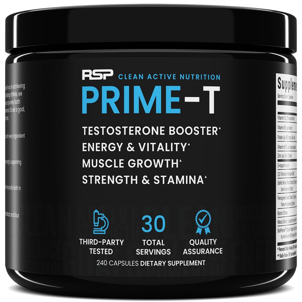 RSP Prime T bottle with capsules highlights natural testosterone support for workouts and recovery