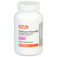 Front view of Rugby 500mg calcium chewable tablets orange flavor bottle