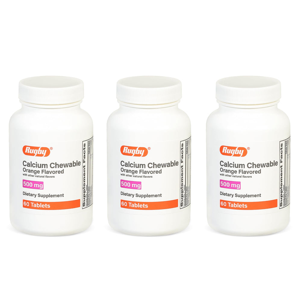 Rugby Calcium Chewable Tablets orange flavor bottle (60 count) in a 3-pack