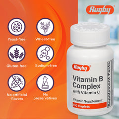 Close-up of caplets from Rugby Vitamin B Complex bottle