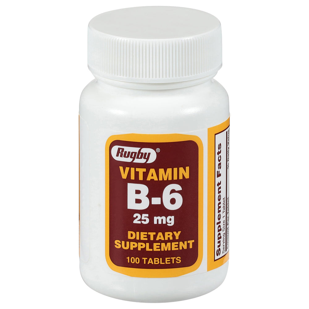 Front view of Rugby Vitamin B6 tablets bottle with 25mg per tablet, 100-count