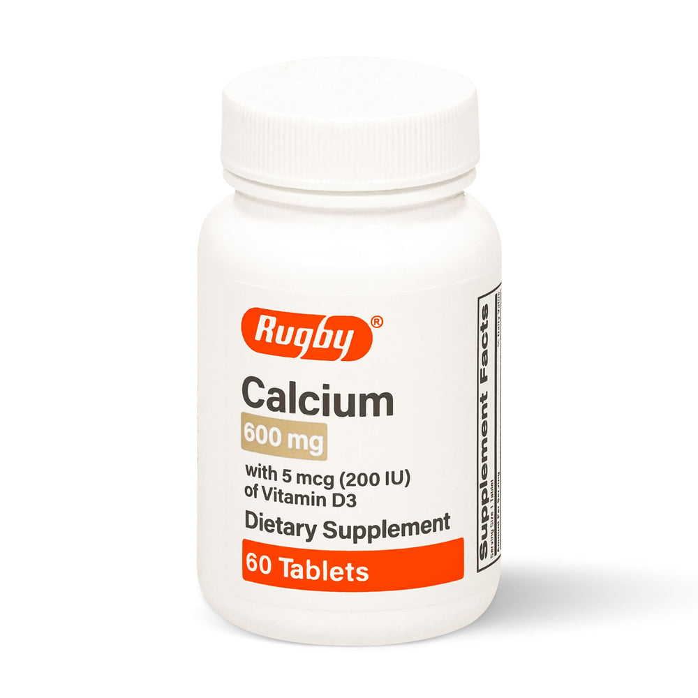 Rugby Calcium 600 mg with Vitamin D3 bottle, gluten-free, 60-count