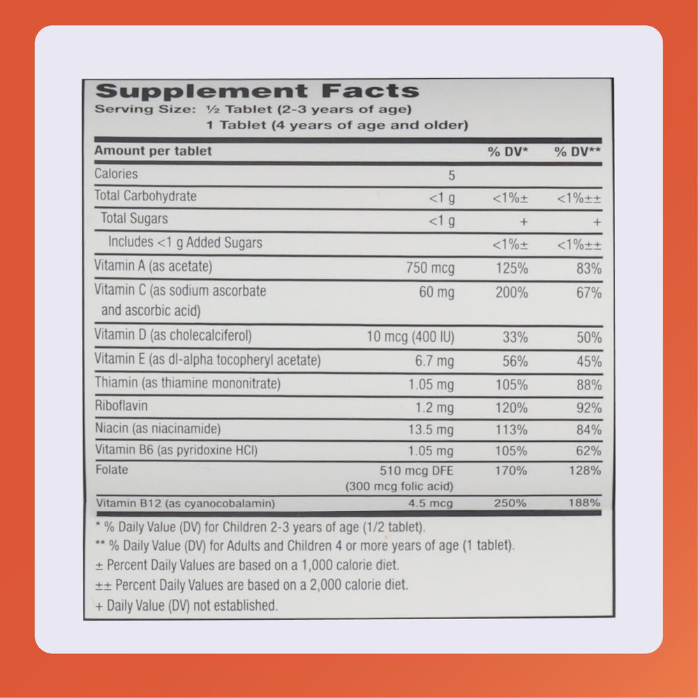 Dosing guidance: half tablet for ages 2-3, one tablet for ages 4+