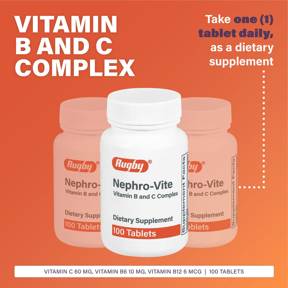Close-up of Rugby Nephro-Vite B and C complex tablets