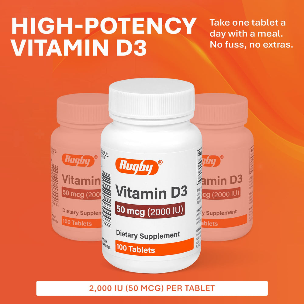 Close-up of Rugby Vitamin D3 bottle label showing 2000 IU