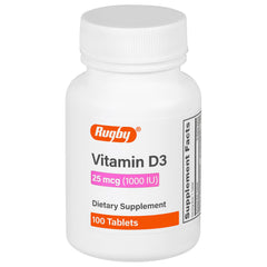 Front view of Rugby Vitamin D3 bottle with label