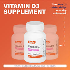 Close-up of Rugby Vitamin D3 25 mcg (1,000 IU) tablet