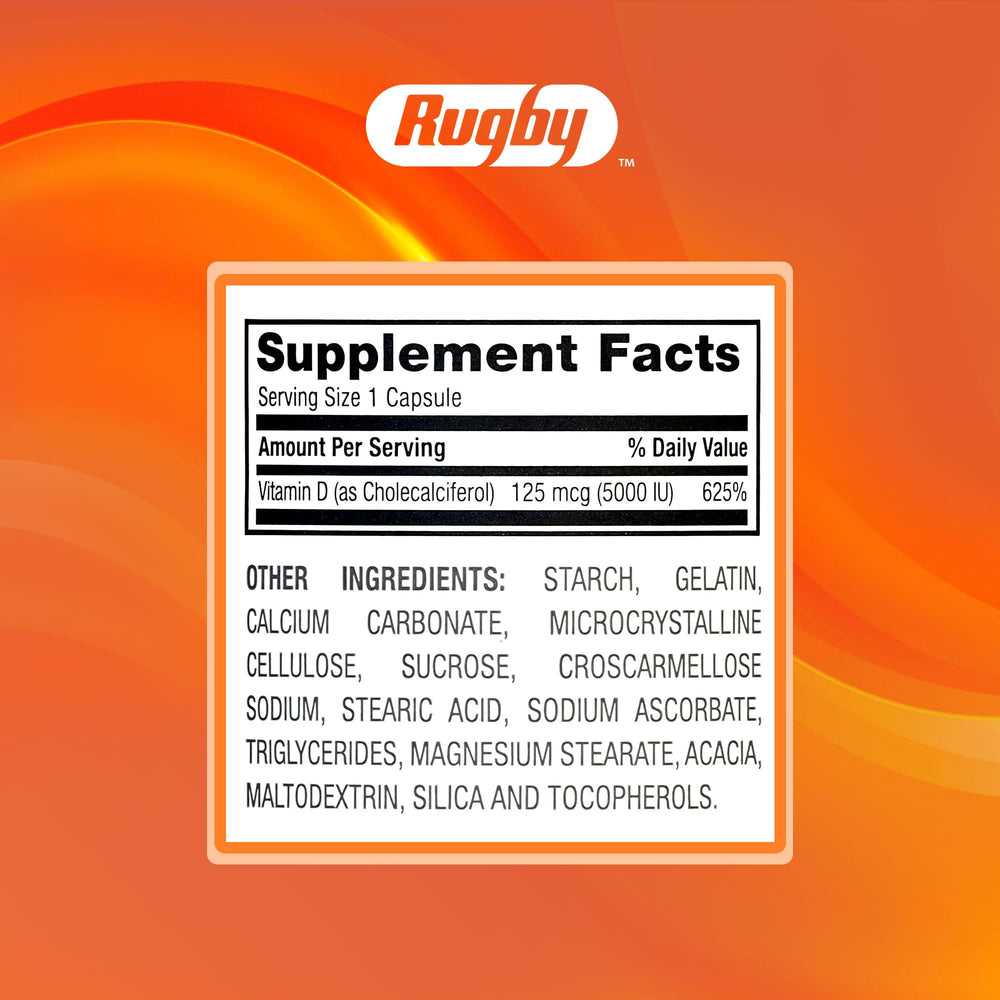 Rugby Vitamin D3 packaging box beside bottle