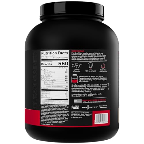Rule 1 Clean Gainer mixed shake in glass showing creamy texture and energy content