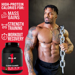 Rule 1 Clean Gainer nutrition label emphasizing 90g carbs and 560 calories