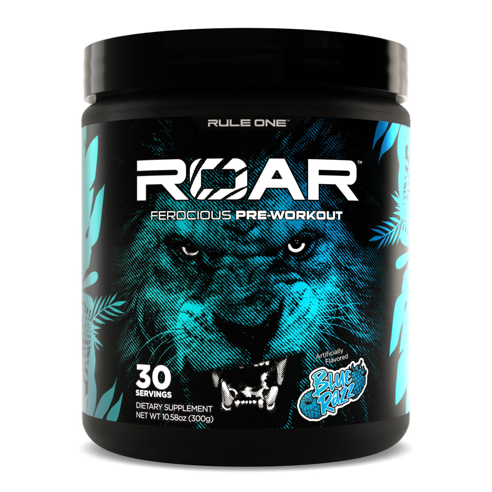 Rule 1 ROAR blue razz bottle label shows potent energy ingredients for intense workouts