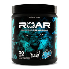 Rule 1 ROAR blue razz bottle label shows potent energy ingredients for intense workouts