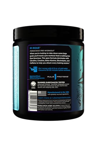 Rule 1 ROAR blue razz pre-workout pour creates refreshing energy boost visuals