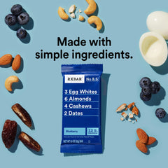 Close-up of RXBAR Blueberry ingredients: eggs, almonds, cashews