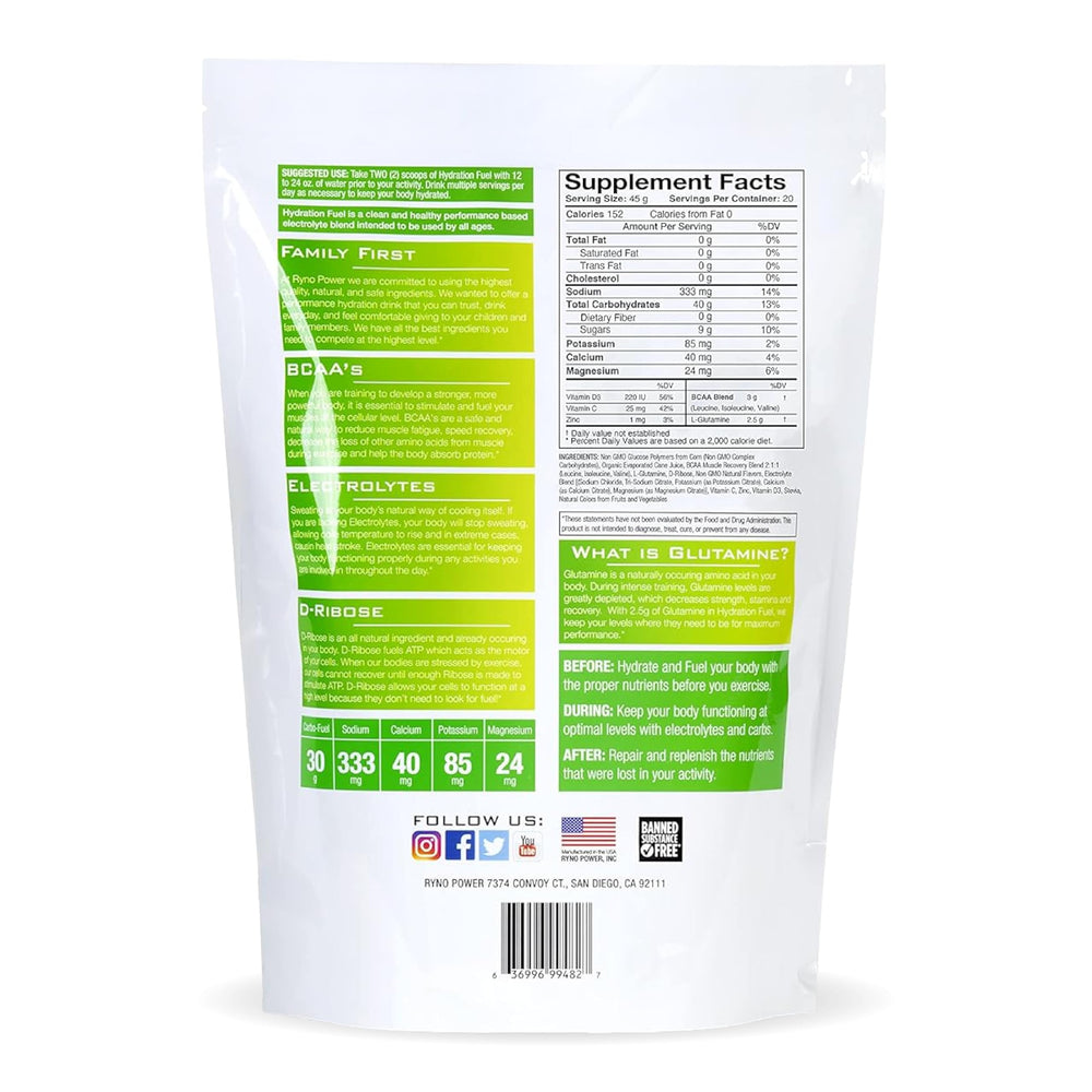 Ryno Power Hydration Fuel Lemon Lime pour showing quick electrolyte mix for workouts