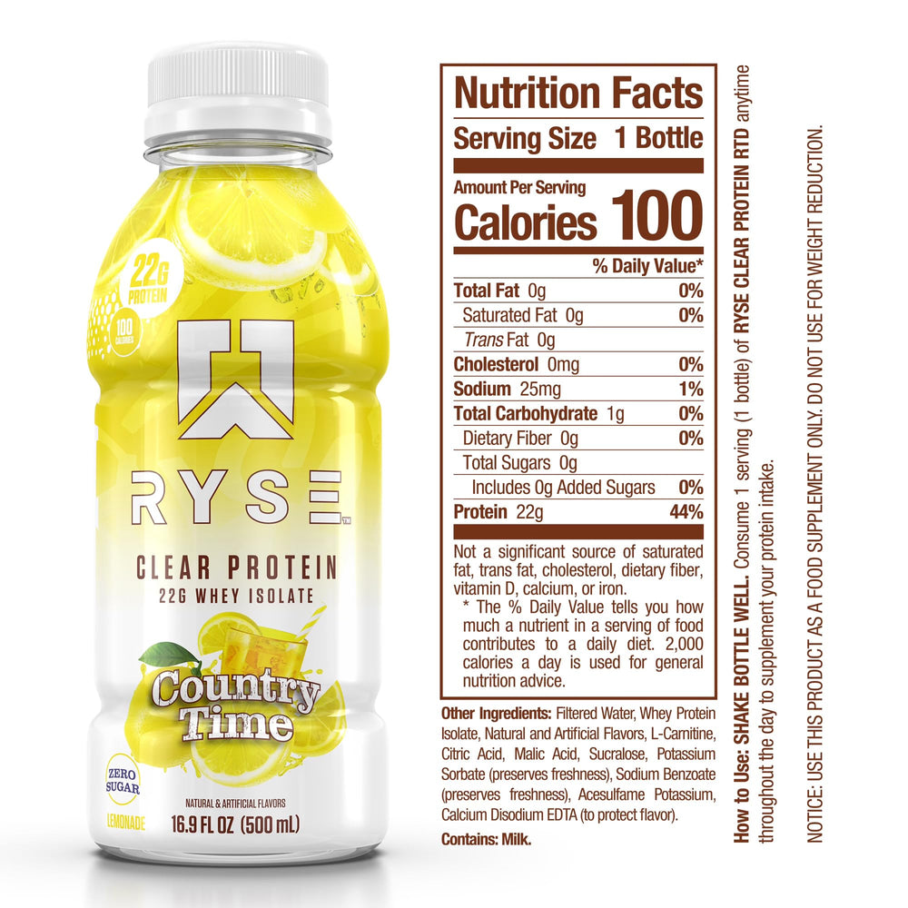 Close-up of Country Time Lemonade flavor badge on RYSE bottle