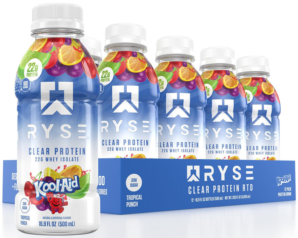 Front view of a single RYSE Clear Protein Drink Kool-Aid Tropical Punch 16.9 fl oz bottle